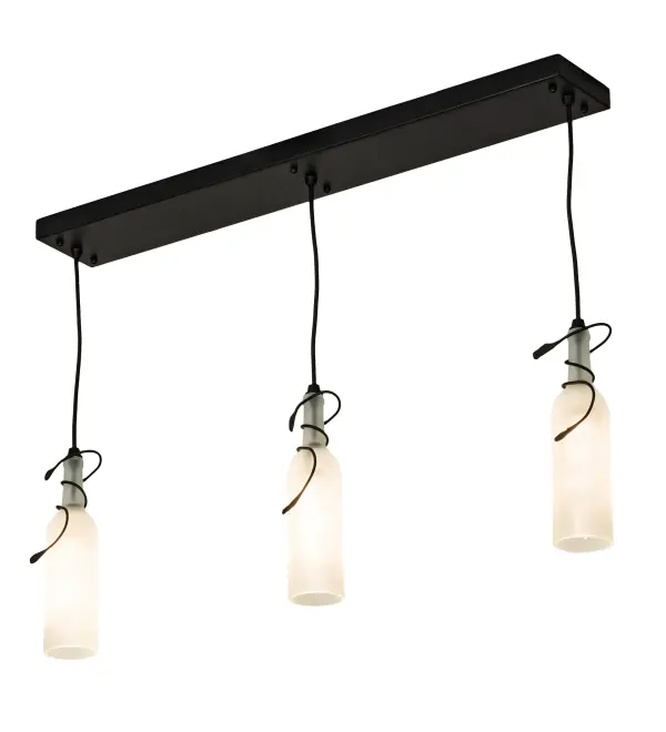 A hand forged vine and leaf coil around the neck of each of three handsome Clear Frosted wine bottles that have been softly etched for diffusion. Your connoisseur will appreciate the detail and vintage of this charming three light island bar.