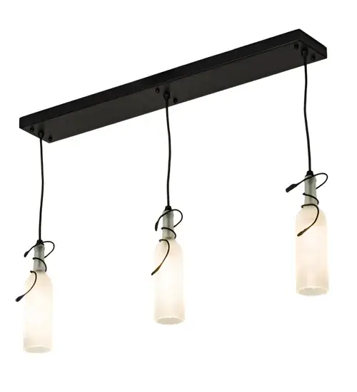 A hand forged vine and leaf coil around the neck of each of three handsome Clear Frosted wine bottles that have been softly etched for diffusion. Your connoisseur will appreciate the detail and vintage of this charming three light island bar. - alternate view
