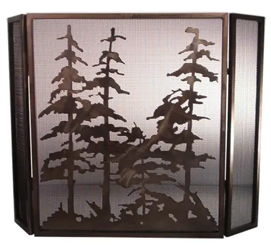 A love of the outdoor was the inspiration for this handsome Meyda original firescreens; hand crafted in the USA. This Tall Pine Tree firescreen has an Antique Copper finish and is backed with a mesh screen.