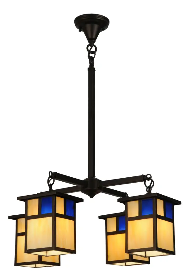Mission stylized lanterns are designed in stunning Beige with Blue accent art glass with a minimalist geometric design on this four light chandelier. Perfect for residential; retail and hospitality applications the hardware is hand finished in a Mahogany Bronze powder coat. This stunning fixture is the perfect complement to any dcor. Handcrafted by Meyda artisans at the company's manufacturing facilities in Upstate New York. Custom sizes; styles and colors available. Energy efficient lamping options.
