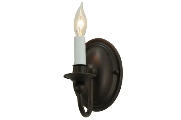 A traditional single candlelight design is offered with a curved arm and oval back plate hand finished in Mahogany Bronze. Multiple candlelight fixtures are also offered in a variety of finishes and styles. Ideal for a variety of residential, restaurant and commercial applications. The simple, gracefully designed sconce is handcrafted by Meyda artisans at the company's manufacturing facilities in Upstate New York. Collection: Newton Finish: Mahogany Bronze Glass: Beige Width: 4.25" Height: 7.00" Length: 6.00" Weight: 1.00 lb Extension from Wall: 6.00" Number of Bulbs: 1 Maximum Wattage: 60.00 W Bulb Type: B10 Bulb Base: E12 Material: Steel Country of Origin: USA Safety Listing: Dry Safety Rating: Damp