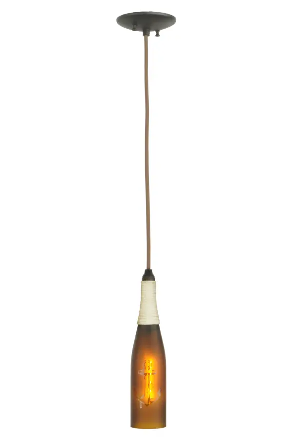 Hand wrapped rope and clear anchor on this handsome Amber wine bottle that has been softly etched for diffusion. Your connoisseur will appreciate the detail and vintage of this charming accent mini pendant. Collection: Coastal Collection Finish: Black Powdercoat Glass: Amber/Sandblasted W/Anchor Brown Cloth Cover Width: 5.00" Height: 18.00" Length: 5.00" Weight: 1.00 lb Number of Bulbs: 1 Maximum Wattage: 40.00 W Bulb Type: T6.5 Bulb Base: E17 Material: Metal Country of Origin: USA Safety Listing: Damp Safety Rating: Damp