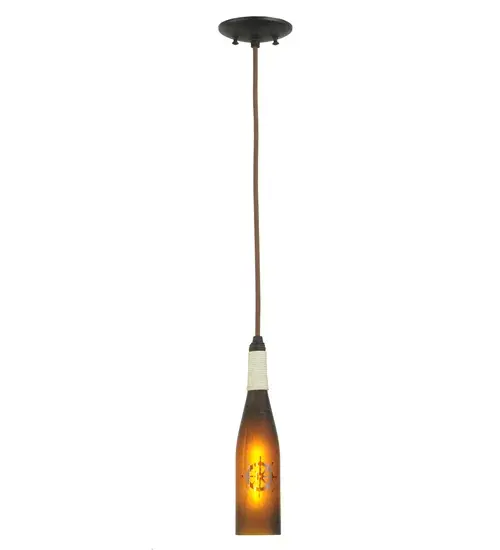 Connoisseurs will appreciate the detail and flavor of customizednautical designed Wine Bottle Pendants crafted from recycled glass.The Amber Frosted Mini Wine Bottle Pendant features a sandblastedSailboat Helm design softly etched for diffusion.The bottle, which isthree inches wide, features hand-wrapped White whip line accents and acloth covered wire. The hardware is hand finished in a handsome Blackpowder coat. All styles are available in frosted or transparentcolored glass.Other custom designs, finishes and sizes are available. All Wine Bottle Pendants are custom crafted in upstate New York. Collection: Coastal Collection Finish: Black Powdercoat Glass: Amber/Sanblasted W/Ships Wheel Brown Cloth Cover Width: 5.00" Height: 17.00" Length: 5.00" Weight: 1.50 lb Number of Bulbs: 1 Maximum Wattage: 40.00 W Bulb Type: T6.5 Bulb Base: E17 Material: Metal Country of Origin: USA Safety Listing: Damp Safety Rating: Damp - alternate view