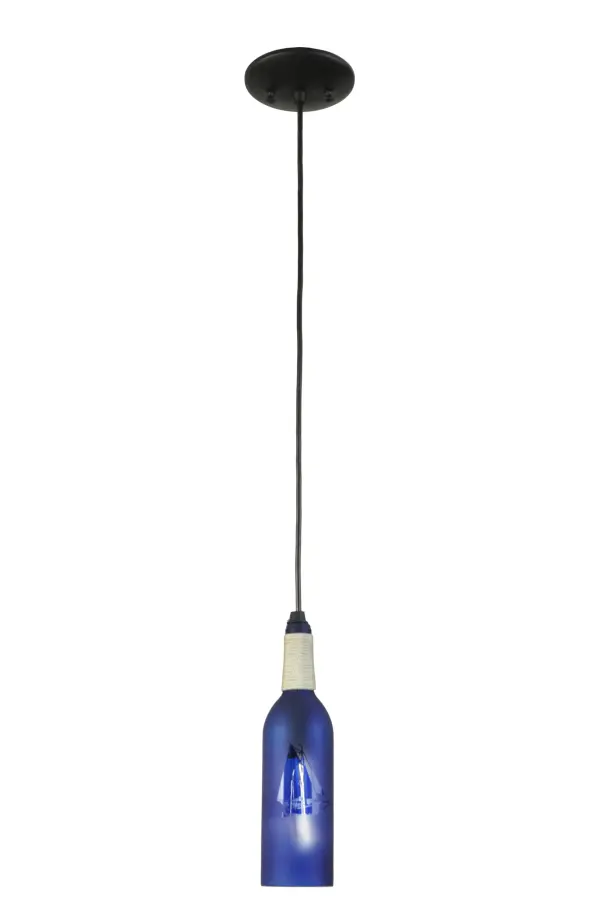 Connoisseurs will appreciate the detail and flavor of customizednautical designed Wine Bottle Pendants crafted from recycled glass.The Frosted Blue Mini Wine Bottle Pendant features a sandblastedSailboat image softly etched for diffusion.The bottle, which is threeinches wide, features hand-wrapped White whip line accents. Thehardware is hand finished in a handsome Black powder coat. All stylesare available in frosted or transparent colored glass.Other customdesigns, finishes and sizes are available.Cloth covered wiringoptional. All Wine Bottle Pendants are custom crafted in upstate NewYork. Collection: Coastal Collection Finish: Black Metal Glass: Blue/Sandblasted W/Sailboat Textured Black Width: 5.00" Height: 17.00" Length: 5.00" Weight: 1.50 lb Number of Bulbs: 1 Maximum Wattage: 40.00 W Bulb Type: T6.5 Bulb Base: E17 Material: Metal Country of Origin: USA Safety Listing: Damp Safety Rating: Damp