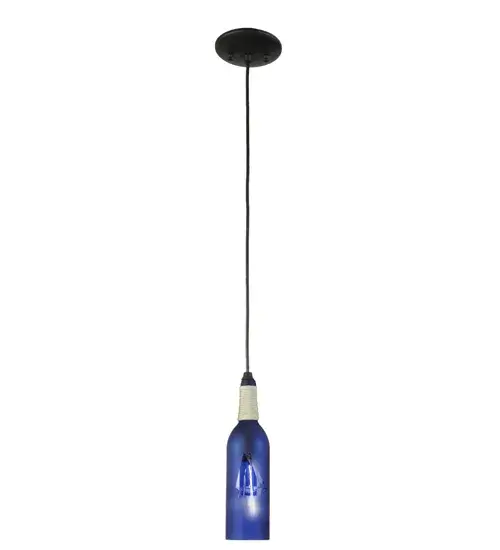 Connoisseurs will appreciate the detail and flavor of customizednautical designed Wine Bottle Pendants crafted from recycled glass.The Frosted Blue Mini Wine Bottle Pendant features a sandblastedSailboat image softly etched for diffusion.The bottle, which is threeinches wide, features hand-wrapped White whip line accents. Thehardware is hand finished in a handsome Black powder coat. All stylesare available in frosted or transparent colored glass.Other customdesigns, finishes and sizes are available.Cloth covered wiringoptional. All Wine Bottle Pendants are custom crafted in upstate NewYork. Collection: Coastal Collection Finish: Black Metal Glass: Blue/Sandblasted W/Sailboat Textured Black Width: 5.00" Height: 17.00" Length: 5.00" Weight: 1.50 lb Number of Bulbs: 1 Maximum Wattage: 40.00 W Bulb Type: T6.5 Bulb Base: E17 Material: Metal Country of Origin: USA Safety Listing: Damp Safety Rating: Damp - alternate view