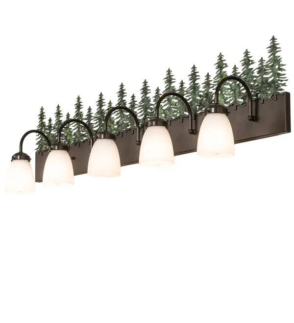 This stunning vanity light features mesmerizing Green Hand-painted Pine Tree metal silhouettes that stand tall on this fixture frame. Functional downlighting is projected through five curvaceous White Glass shades complemented with an extensive backplate in a Timeless Bronze finish. Ideal as a vanity light in a fine bath or as a charming wall sconce in a corridor or other space in residential and hospitality settings. The Tall Pines Vanity Light is included in our American-made; American-designed; handcrafted Nature Inspired Lighting Collection. Manufactured in Yorkville; New York. UL and cUL listed for dry and damp locations.