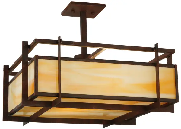 An avant-garde modern design that is warm and inviting. Boulder Creek offers a balanced architectural structure that will add drama and sophistication to any room. This Beige art glass diffuser is encased with a solid framework in a Rusty Nail finish. The fixture is handcrafted in our 180;000 square foot manufacturing facility in Yorkville; New York. Custom options include special sizes; diffuser colors and finishes. The pendant is UL and cUL listed for damp and dry locations.
