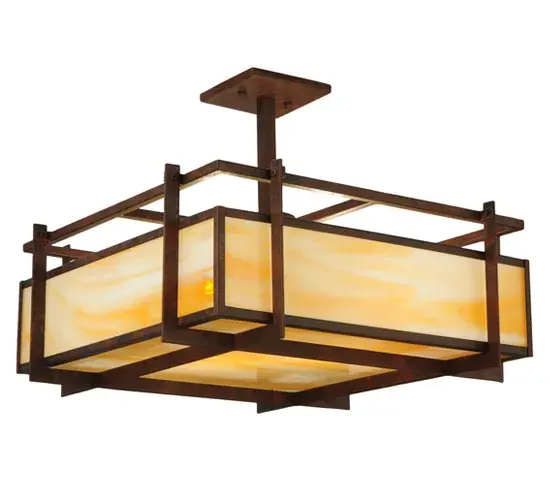 An avant-garde modern design that is warm and inviting. Boulder Creek offers a balanced architectural structure that will add drama and sophistication to any room. This Beige art glass diffuser is encased with a solid framework in a Rusty Nail finish. The fixture is handcrafted in our 180;000 square foot manufacturing facility in Yorkville; New York. Custom options include special sizes; diffuser colors and finishes. The pendant is UL and cUL listed for damp and dry locations. - alternate view