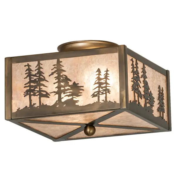 Mesmerizing Pine Tree silhouettes stand tall as the brilliant morning sun rises above the woodlands in the background of this handsome ceiling fixture. Beautiful ambient light is projected through a stunning Silver Mica shade with a matching bottom diffuser. The shade is complemented with decorative accents and hardware featured in an Antique Copper finish. The Tall Pines Flushmount is included in our American-made; American-designed; handcrafted Nature Inspired Lighting Collection and manufactured in Yorkville; New York. UL and cUL listed for dry and damp locations.