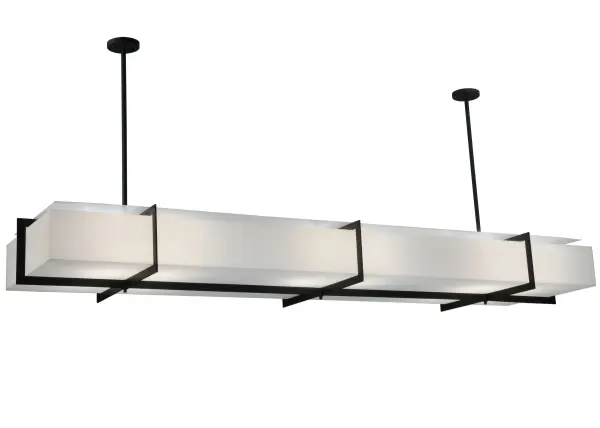 Designed by David Robinson Design of La Jolla; California (www.davidrobinsondesigninc.com) for the private dining room of The Cottage Restaurant in Chestnut Hill; Massachusetts. This semi-flushmount features a Satin White Idalight shade. The oblong shade is wrapped with three Blackwash finished steel grids and an extensive crossbar that braces the shade across its length. Above the shade is a flat Satin White Idalight diffuser. This exclusive fixture is an example of the wide array of styles Meyda Lighting is capable of handling. Be sure to contact us with for a quote on your next custom lighting project!