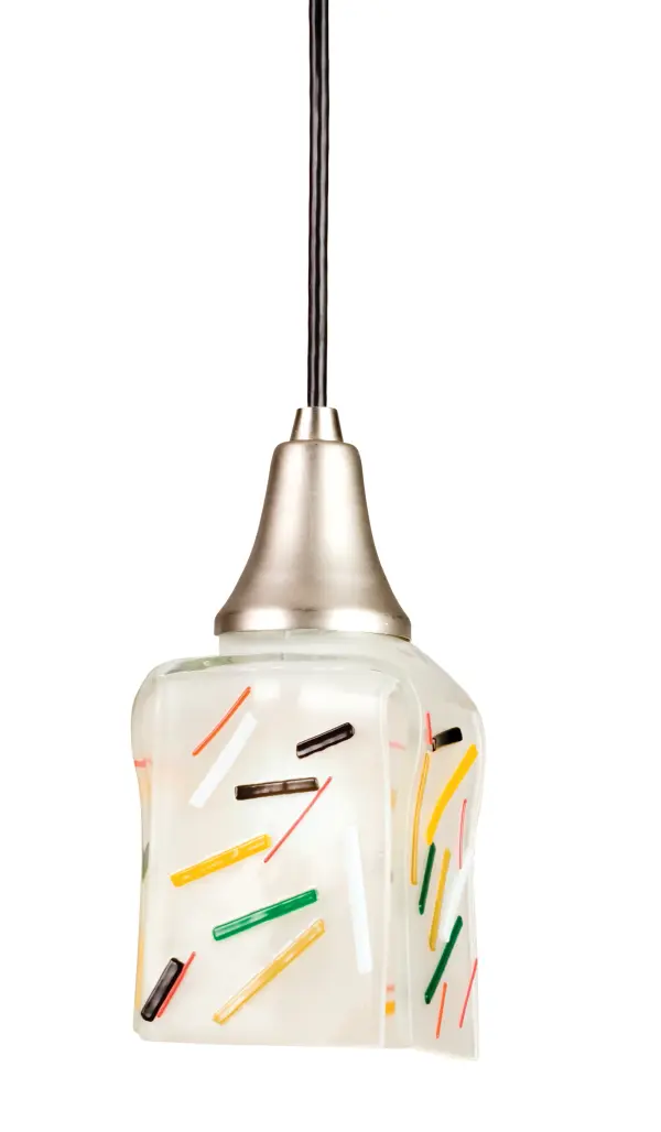 Life is a party when lit by the Metro Fusion; Fiesta mini pendant. Yellow; Green Red; White and Black streamers are hot fused together and fired again to fall into a cube draped shape. Handmade by Meyda Craftsmen the shade with Brushed Nickel hardware and round black cord is muy caliente.