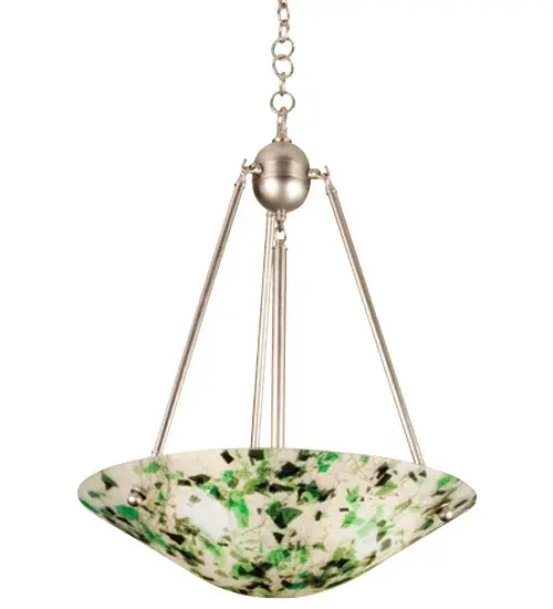 Escarole and Iceberg Green sprigs and flakes of glass color this Frost White Metro Fusion; Tossalad; inverted pendant fixture. Colored confetti glass is formed in a hot kiln and suspended from hardware of Brushed Nickel. Designed and created by Meyda artists and craftsmen; a fun contemporary fixture for your pleasure.