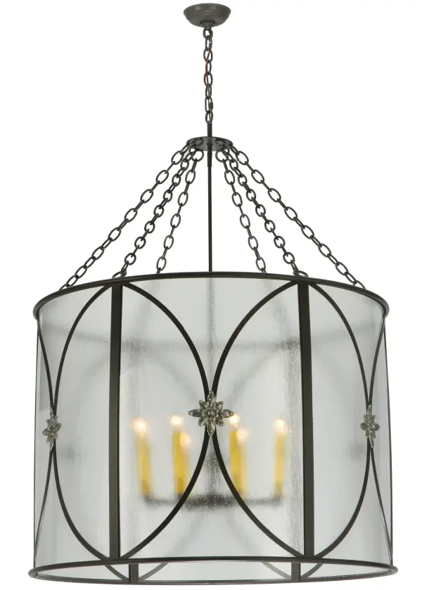 Superb American craftsmanship creates the beauty of fine lighting with the elegant Penelope pendant. A circular frame features a Rainstone Idalight diffuser which reveals 8 Amber colored faux candlelights. The fixture is enhanced with a frame and hardware hand featured in a Timeless Bronze finish and complemented with Brass floral and ballpoint accents. Custom sizes, designs and colors are available, as well as dimmable energy efficient lamping options such as LED. The fixture is UL and cUL listed for dry and damp locations. Collection: Penelope Finish: Timeless Bronze / Nickel Glass: Rainstone Idalight Width: 36.50" Height: 53.50" Length: 36.50" Weight: 45.00 lb Number of Bulbs: 8 Maximum Wattage: 60.00 W Bulb Type: BA9 Bulb Base: Candelabra Material: Steel Country of Origin: USA Safety Listing: Damp Safety Rating: Damp