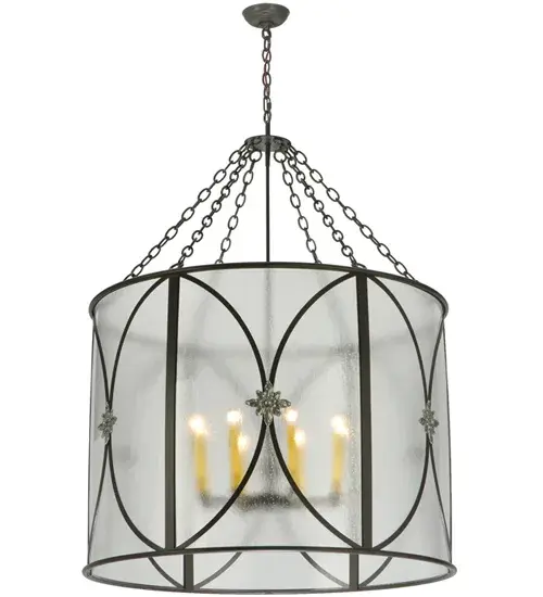 Superb American craftsmanship creates the beauty of fine lighting with the elegant Penelope pendant. A circular frame features a Rainstone Idalight diffuser which reveals 8 Amber colored faux candlelights. The fixture is enhanced with a frame and hardware hand featured in a Timeless Bronze finish and complemented with Brass floral and ballpoint accents. Custom sizes, designs and colors are available, as well as dimmable energy efficient lamping options such as LED. The fixture is UL and cUL listed for dry and damp locations. Collection: Penelope Finish: Timeless Bronze / Nickel Glass: Rainstone Idalight Width: 36.50" Height: 53.50" Length: 36.50" Weight: 45.00 lb Number of Bulbs: 8 Maximum Wattage: 60.00 W Bulb Type: BA9 Bulb Base: Candelabra Material: Steel Country of Origin: USA Safety Listing: Damp Safety Rating: Damp - alternate view