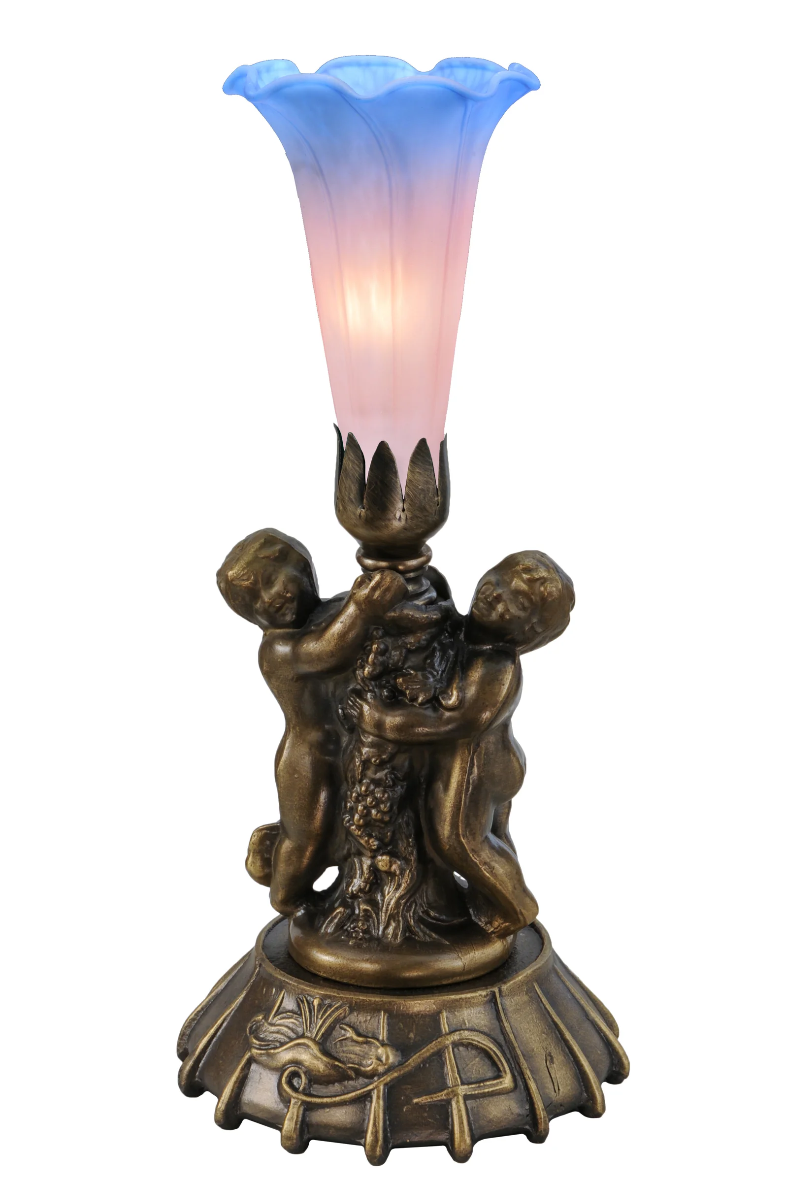 12" High Pink/Blue Tiffany Pond Lily Twin Cherub Mini Lamp