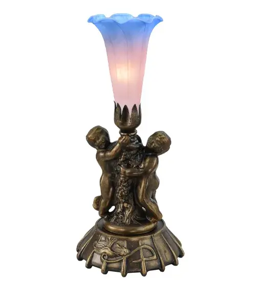 Inspired by the famous Tiffany design from the early 1900s. This mini lamp features a stunning Pink and Blue art glass shade that is embraced by an elegant cast base featuring two cherubs finished by hand in Mahogany Bronze. The Pond Lily Mini Lamp is included in our American designed; handcrafted Favrile Glass Lighting Collection. UL and cUL listed for dry locations. Each shade is a unique work of art with color variations based on natural ingredients inherent in the glass. Contact us if color matching is critical when ordering multiple items.