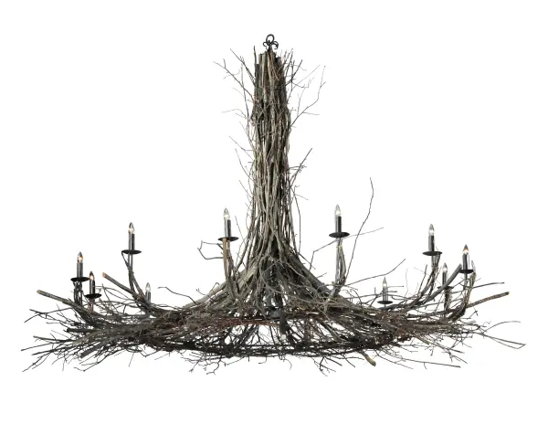 Bring Mother Nature into your home with Natural Hickory and Birchwood Twigs and Branches intertwined to create this massive chandelier at 132 inches wide. 12 Complementary faux candlelights appear to bud and grow from twigs and branches sustainably harvested by hand from low-hanging; tree-friendly sun growth in the Adirondack mountains. The chandelier is enhanced with a warm Mahogany Bronze finish. Overall height ranges from 92 to 206 inches as the chain length can be easily adjusted in the field. Handcrafted in our 180;000 square foot manufacturing facility in Yorkville; New York. Candlelight colors; metal finishes and fixture sizes can be customized to your needs. UL and cUL listed for dry and damp locations.