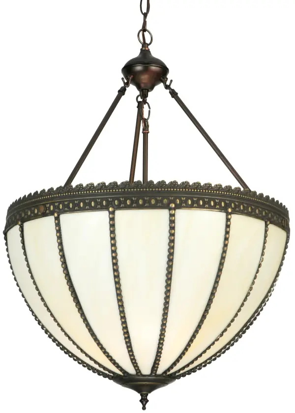 Invite rich Gothic beauty and Old World charm into any home; hotel; restaurant; retail or commercial space. Beige art glass panels are wrapped with brass channel then soldered together. The art glass shade is accented with Craftsman Brown finished beaded trim and matching beaded accents on top of the shade. Custom colors; sizes and styles available. Energy efficient lamping options offered. Handcrafted in the Meyda manufacturing facilities by highly skilled artisans in Upstate New York.