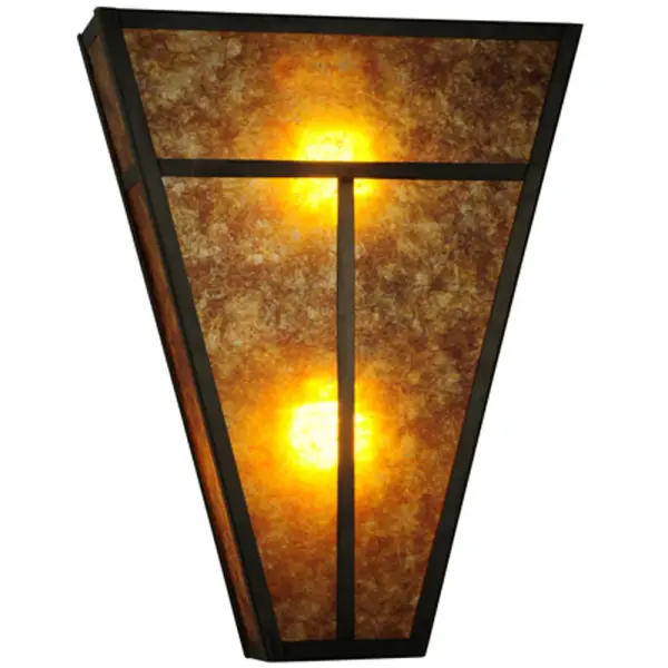 A handsome Mission T pattern adorns this striking Craftsman Signature Solid Brass wall fixture featured in a Craftsman Brown finish. Handmade with a stunning Amber Mica diffuser; this ADA Compliant wall fixture is handcrafted by highly skilled artisans in our 180;000 square foot manufacturing facility in Yorkville; NY. Dimmable energy efficient lamping options are available. Custom colors; styles and sizes are offered. This V-shaped wall luminaire is UL and cUL Listed for dry and damp locations.