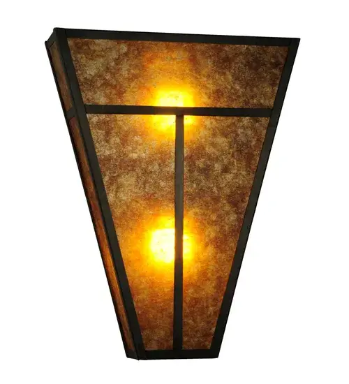 A handsome Mission T pattern adorns this striking Craftsman Signature Solid Brass wall fixture featured in a Craftsman Brown finish. Handmade with a stunning Amber Mica diffuser; this ADA Compliant wall fixture is handcrafted by highly skilled artisans in our 180;000 square foot manufacturing facility in Yorkville; NY. Dimmable energy efficient lamping options are available. Custom colors; styles and sizes are offered. This V-shaped wall luminaire is UL and cUL Listed for dry and damp locations. - alternate view