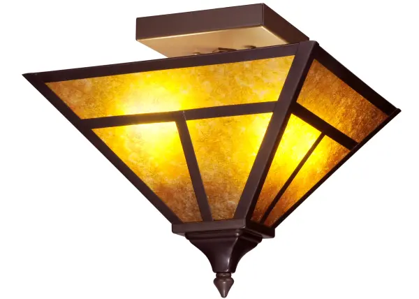 A handsome Mission T pattern adorns this striking Craftsman Signature ceiling fixture. Hand finished in a stunning Craftsman Brown and complemented with stunning Amber Mica; this Solid Brass ceiling fixture is handcrafted by highly skilled artisans in our 180;000 square foot manufacturing facility in the USA. Dimmable energy efficient lamping options are available. Custom colors; styles and sizes are offered. UL and cUL Listed for dry and damp locations.