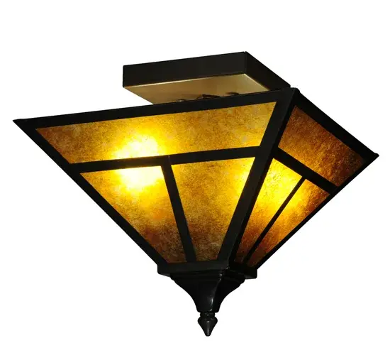 A handsome Mission T pattern adorns this striking Craftsman Signature ceiling fixture. Hand finished in a stunning Craftsman Brown and complemented with stunning Amber Mica; this Solid Brass ceiling fixture is handcrafted by highly skilled artisans in our 180;000 square foot manufacturing facility in the USA. Dimmable energy efficient lamping options are available. Custom colors; styles and sizes are offered. UL and cUL Listed for dry and damp locations. - alternate view