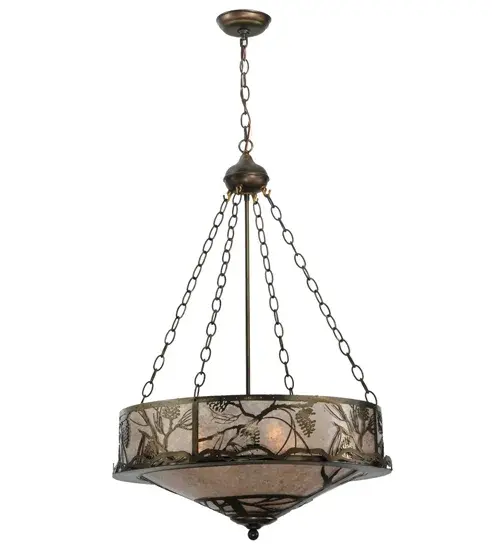 Listen closely.You can almost hear the soft whisper of the pine branches as they dance in the wind.Enjoy the warm ambiance of soft beautiful light diffused through this rustic pendant shade's Silver Mica panels featuring stunning pinecone and pine branch designs. Hand finished in handsome Antique Copper and handcrafted by Meyda Artisans in Yorkville, New York.Create the design, colors, and the size and style of your choice.Energy efficient lamping options available. Collection: Whispering Pines Finish: Antique Copper Glass: Silver Mica Notes: Custom Crafted In Yorkville, New York Please Allow 30 Days Width: 24.00" Height: 40.00" Length: 24.00" Weight: 13.00 lb Extension from Wall: 6.50" Number of Bulbs: 4 Maximum Wattage: 60.00 W Bulb Type: A19 Bulb Base: E26 Material: Steel Country of Origin: USA Safety Listing: Damp Safety Rating: Damp - alternate view