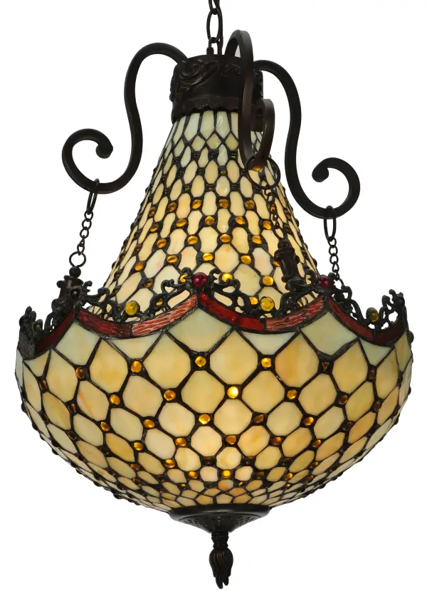 Named for the Diamond pattern and Jewel accents; this pendant will light up your living space with sophistication and style. Bask in the compliments that you receive when friends; family and acquaintances comment on your elegant lighting decor. The art glass in the background is Beige opalescent; the jewels are Amber and the look is to die for. The shade is augmented by repeating arched Root Beer glass edges that are accented with metal filigree and Red Jewels. The decorative hardware is finished in a Mahogany Bronze.