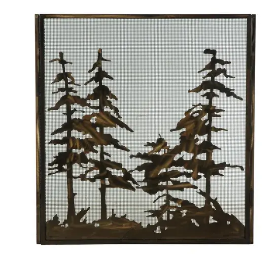 A Love for the Outdoors is the inspiration for this handsome Meyda Original Fireplace Screen with a mesh. This stunning fireplace screen highlights mesmerizing Pine Tree and woodland metal silhouettes that stand tall on this frame which is handcrafted with a Weave-Tex mesh background finished in Antique Copper. The Tall Pines Fireplace Screen is included in our American-made; American-designed; handcrafted Nature Inspired Collection. Manufactured in Yorkville; New York. - alternate view
