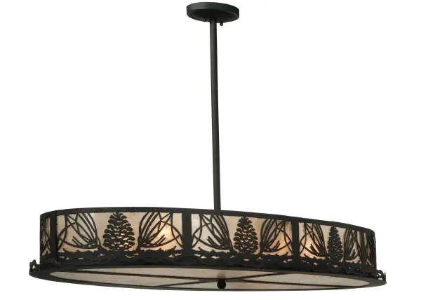 Mother nature comes to light as Mountain Pinecones and Pine Needles are featured on this unique nature inspired ceiling fixture. The charm of the forest comes alive with soft ambient light emanating through the Silver Mica side panels and matching bottom diffuser. The luminaire is enhanced with a Textured Black finish. This large oblong pendant is perfect for illuminating islands; bars; counters and any space where you want to make a stunning design statement. Handcrafted in our 180;000 square foot manufacturing facility in Yorkville; New York. Diffuser colors; metal finishes and fixture sizes can be customized to your needs. UL and cUL listed for dry and damp locations.