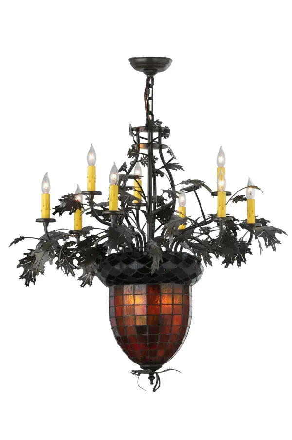 Majestic as the mighty oak is this Greenbriar Oak 9 arm chandelier in a Timeless Bronze finish. A lighted stained glass acorn in Multi-toned Autumn Green with a Bark Brown granite glass crown sprouts Ivory faux candlelights with Oak leaf covered branches. The shade is created using the famous Meyda copperfoil construction. Overall height ranges from 37 to 96 inches as the chain length can be easily adjusted in the field. The elegant hardware is handcrafted in our 180;000 sq ft manufacturing facility in Yorkville; NY. Shade colors; metal finishes and fixture sizes can be customized. UL and cUL listed for dry and damp locations. No two art glass shades will be the same as their individuality can be as remarkably unique as their personality.