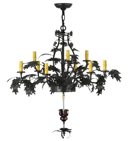 Majestic as the mighty oak is this Greenbriar Oak 9 arm chandelier in a Timeless Bronze finish. A lighted stained glass acorn in Multi-toned Autumn Green with a Bark Brown granite glass crown sprouts Ivory faux candlelights with Oak leaf covered branches. The shade is created using the famous Meyda copperfoil construction. Overall height ranges from 37 to 96 inches as the chain length can be easily adjusted in the field. The elegant hardware is handcrafted in our 180;000 sq ft manufacturing facility in Yorkville; NY. Shade colors; metal finishes and fixture sizes can be customized. UL and cUL listed for dry and damp locations. No two art glass shades will be the same as their individuality can be as remarkably unique as their personality. - alternate view