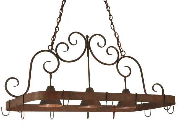 An upscale design that integrates form and function; the Elana lighted pot rack is highlighted with large scroll accents and a Cajun Spice finished frame with hooks to display fine cookware for easy access in kitchens. Three luminaires illuminate counter surfaces; tabletops; islands and architectural accents. Handcrafted in the USA by our highly skilled artisans; this Hand-forged Iron fixture is available in custom sizes; styles; colors and energy-efficient lamping options such as LED. The fixture is UL and cUL listed for damp and dry locations.