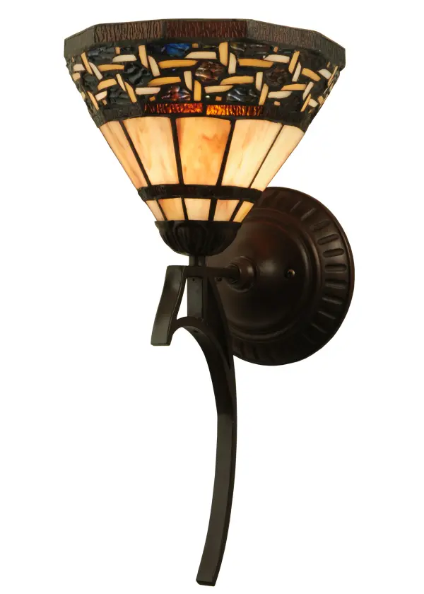 Named for the Greek word for light, Ilona will stir conversations among family and friends with a dramatic Honey and Beige colored knotwork design on Wispy Blue/Green Rippled glass. The sconce's background includes Beige, Mauve and Purple art glass while Root Beer colored glass borders enhance the beauty of this exquisite art glass shade, which is created using Meyda Tiffany's famous copperfoil construction process. The Mahogany Bronze finished hardware is accented with an apostrophic finial. Collection: Ilona Finish: Mahogany Bronze Glass: Black Glass,Green,Violet,Beige,White Width: 9.00" Height: 18.00" Length: 10.00" Weight: 4.00 lb Extension from Wall: 10.00" Number of Bulbs: 1 Maximum Wattage: 60.00 W Bulb Type: A19 Bulb Base: E26 Material: Steel Country of Origin: CHINA Safety Listing: Dry Safety Rating: Dry