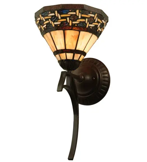 Named for the Greek word for light, Ilona will stir conversations among family and friends with a dramatic Honey and Beige colored knotwork design on Wispy Blue/Green Rippled glass. The sconce's background includes Beige, Mauve and Purple art glass while Root Beer colored glass borders enhance the beauty of this exquisite art glass shade, which is created using Meyda Tiffany's famous copperfoil construction process. The Mahogany Bronze finished hardware is accented with an apostrophic finial. Collection: Ilona Finish: Mahogany Bronze Glass: Black Glass,Green,Violet,Beige,White Width: 9.00" Height: 18.00" Length: 10.00" Weight: 4.00 lb Extension from Wall: 10.00" Number of Bulbs: 1 Maximum Wattage: 60.00 W Bulb Type: A19 Bulb Base: E26 Material: Steel Country of Origin: CHINA Safety Listing: Dry Safety Rating: Dry - alternate view