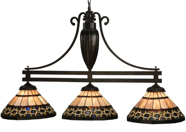 Named for the Greek word for light; Ilona will stir conversations among family and friends with a dramatic Honey and Beige colored knotwork design on Wispy Blue/Green Rippled glass. The background includes Beige; Mauve and Purple art glass while Root Beer colored glass borders enhance the beauty of this exquisite art glass shade. The shade is created using Meyda Tiffany's famous copperfoil construction process. The hardware is finished in a warm Mahogany Bronze and the fixture is ideal for illuminating islands; counters; billiard and dining tables.