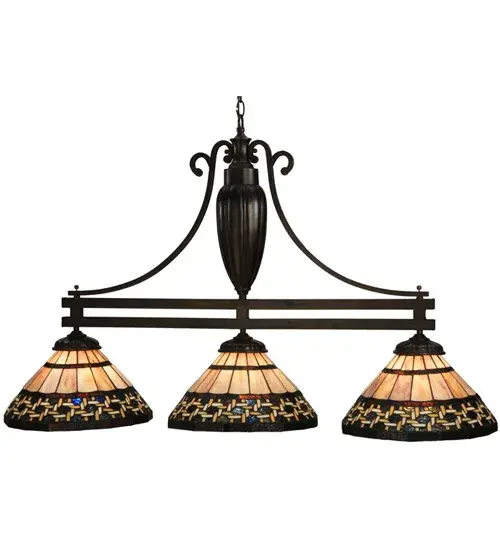 Named for the Greek word for light; Ilona will stir conversations among family and friends with a dramatic Honey and Beige colored knotwork design on Wispy Blue/Green Rippled glass. The background includes Beige; Mauve and Purple art glass while Root Beer colored glass borders enhance the beauty of this exquisite art glass shade. The shade is created using Meyda Tiffany's famous copperfoil construction process. The hardware is finished in a warm Mahogany Bronze and the fixture is ideal for illuminating islands; counters; billiard and dining tables. - alternate view