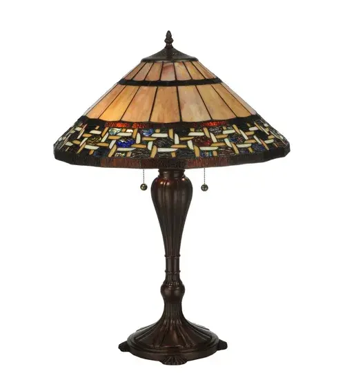 Named for the Greek word for light; Ilona will stir conversations among family and friends with a dramatic Honey and Beige colored knotwork design on Wispy Blue/Green Rippled glass. The lamp shade's background includes Beige; Mauve and Purple art glass while Root Beer colored glass borders enhance the beauty of this exquisite art glass shade; which is created using Meyda Tiffany's famous copperfoil construction process. The table base is finished in a warm Mahogany Bronze. - alternate view