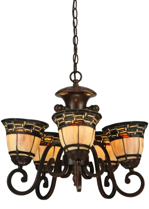Named for the Greek word for light; Ilona will stir conversations among family and friends with a dramatic Honey and Beige colored knotwork design on Wispy Blue/Green Rippled glass. The chandelier's background includes Beige; Mauve and Purple art glass while Root Beer colored glass borders enhance the beauty of this exquisite art glass shade; which is created using Meyda Tiffany's famous copperfoil construction process. The hardware is finished in a warm Mahogany Bronze.