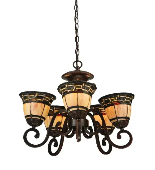 Named for the Greek word for light; Ilona will stir conversations among family and friends with a dramatic Honey and Beige colored knotwork design on Wispy Blue/Green Rippled glass. The chandelier's background includes Beige; Mauve and Purple art glass while Root Beer colored glass borders enhance the beauty of this exquisite art glass shade; which is created using Meyda Tiffany's famous copperfoil construction process. The hardware is finished in a warm Mahogany Bronze. - alternate view