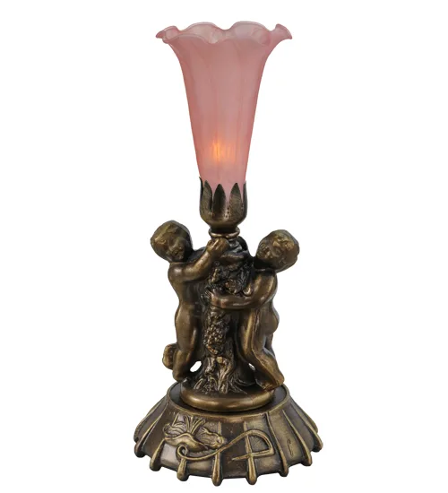 12" High Pink Tiffany Pond Lily Twin Cherub Mini Lamp