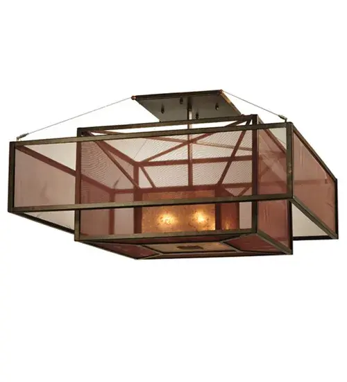 Designed with bold geometric styling; the Quadrato Umador ceiling fixture provides the perfect lighting design to illuminate and enhance the beauty of transitional and contemporary settings. 2 frames embracing Coffee colored Textralite envelope an Amber Mica cube shaped diffuser. This unique fixture is enhanced with all hardware finished in Gilded Tobacco. The 36-inch fixture is ideal for a variety of residential; hospitality and commercial spaces. Custom crafted in the USA; this fixture is available in custom sizes; styles; colors and lamping options such as LED. This fixture is UL and cUL listed for dry and damp locations.