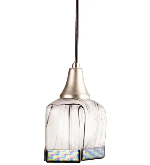 Frost white glass drizzled with Midnight Black and borders of Multi colored dichroic glass make the Metro Fusion; Reeds mini pendant. Hand cut glass is hot fused together and fired again to fall into a cube draped shape. Handmade by Meyda Craftsmen the shade with Brushed Nickel hardware and round black cord is a unique and fun way to light your surroundings.