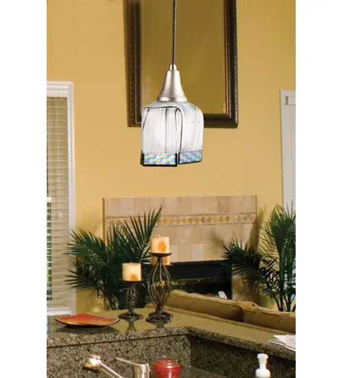 Frost white glass drizzled with Midnight Black and borders of Multi colored dichroic glass make the Metro Fusion; Reeds mini pendant. Hand cut glass is hot fused together and fired again to fall into a cube draped shape. Handmade by Meyda Craftsmen the shade with Brushed Nickel hardware and round black cord is a unique and fun way to light your surroundings. - alternate view