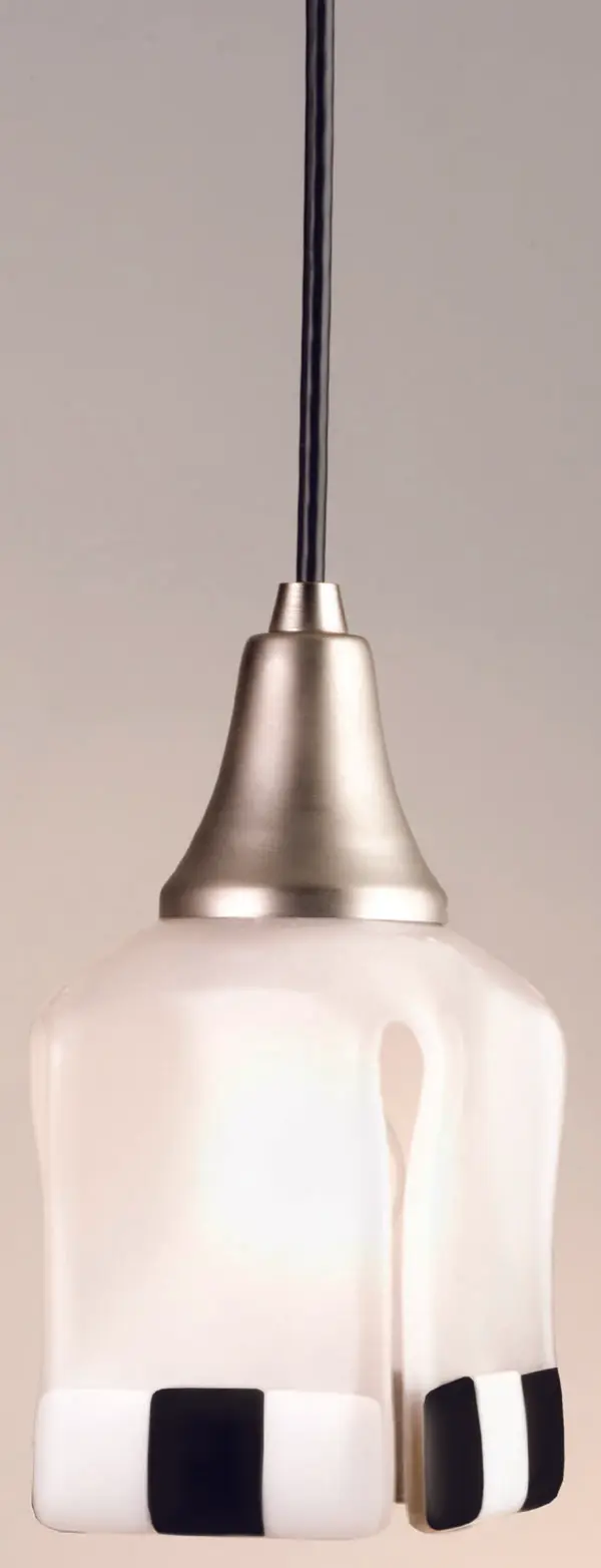 Start your engines for the Metro Fusion; Enduro mini pendant. Hand cut glass squares of checker flag White and Black are hot fused to glass and fired again to fall into a cube draped shape. Handmade by Meyda Craftsmen the etched shade with Brushed Nickel hardware and round black cord will heat up the finish line.