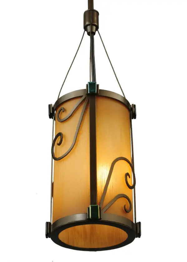 Elegant scroll designs grace this Amber art glass cylindrical pendant. The hardware and decorative accents are featured in a Chocolate Brown with Soft Bronze Metallic finish. Place these mini pendants in a row across islands, bars and counters for a dazzling effect. This fixture was created by the hands of our artisans at its manufacturing facility in Upstate New York in the USA. Custom sizes, styles and colors are available, as well as dimmable, energy efficient lamping options. UL and cUL listed for damp and dry locations. Collection: Cilindro Finish: Golden Bronze Glass: Avorio Width: 5.25" Height: 82.50" Length: 5.25" Weight: 6.00 lb Number of Bulbs: 1 Maximum Wattage: 12.00 W Bulb Type: T10 Bulb Base: E26 Material: Steel Country of Origin: USA Safety Listing: Damp Safety Rating: Damp