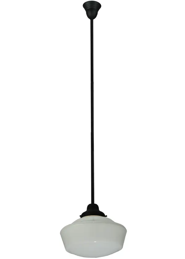 The Revival Schoolhouse glass reflects an authentic classic design. A perfectly formed shade is handcrafted of White Opal Schoolhouse Glass with rich artisanship and style. Originally used in private residences; schools; galleries and libraries; this Schoolhouse electrical reproduction pendant is stem hung and will illuminate a broad range of interiors today. The Brass pendant is enhanced with a Textured Black finish and provides ambient lighting. The Revival Traditional Globe Pendant is featured in our American designed; handcrafted Schoolhouse Lighting Collection. UL and cUL listed for dry and damp locations.
