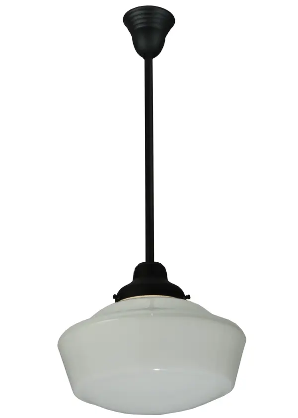 The Revival Schoolhouse glass reflects an authentic classic design. A perfectly formed shade is handcrafted of White Opal Schoolhouse Glass with rich artisanship and style. Originally used in private residences, schools, galleries and libraries, this Schoolhouse electrical reproduction pendant is stem hung and will illuminate a broad range of interiors today. The Brass pendant is enhanced with a Textured Black finish and provides ambient lighting. The Revival Traditional Globe Pendant is featured in our American designed, handcrafted Schoolhouse Lighting Collection. UL and cUL listed for dry and damp locations. Collection: Revival Finish: Textured Black Glass: White Opal Glass Notes: Custom Crafted In Yorkville, New York Please Allow 30 Days Width: 16.00" Height: 38.00" Length: 16.00" Weight: 7.00 lb Number of Bulbs: 1 Maximum Wattage: 60.00 W Bulb Type: A19 Bulb Base: E26 Material: Brass Country of Origin: USA Safety Listing: Damp Safety Rating: Damp