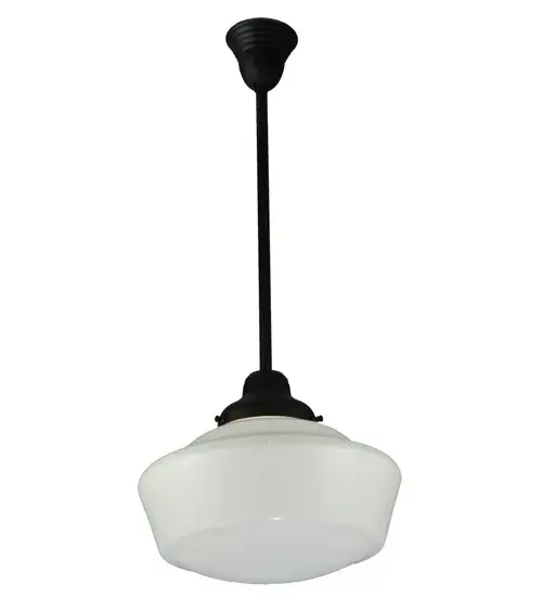 The Revival Schoolhouse glass reflects an authentic classic design. A perfectly formed shade is handcrafted of White Opal Schoolhouse Glass with rich artisanship and style. Originally used in private residences, schools, galleries and libraries, this Schoolhouse electrical reproduction pendant is stem hung and will illuminate a broad range of interiors today. The Brass pendant is enhanced with a Textured Black finish and provides ambient lighting. The Revival Traditional Globe Pendant is featured in our American designed, handcrafted Schoolhouse Lighting Collection. UL and cUL listed for dry and damp locations. Collection: Revival Finish: Textured Black Glass: White Opal Glass Notes: Custom Crafted In Yorkville, New York Please Allow 30 Days Width: 16.00" Height: 38.00" Length: 16.00" Weight: 7.00 lb Number of Bulbs: 1 Maximum Wattage: 60.00 W Bulb Type: A19 Bulb Base: E26 Material: Brass Country of Origin: USA Safety Listing: Damp Safety Rating: Damp - alternate view