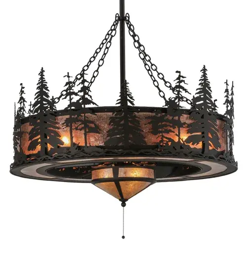 Innovation never looked so good with this unique custom lighting fixture that integrates ceiling fan technology. The stunning nature-inspired Tall Pines design is featured in our award-winning Chandel-Air collection. This fan-integrated custom lighting fixture features Pine Tree and woodland metal silhouettes in an Oil Rubbed Bronze finish. A Silver Mica diffuser illuminates while gentle breezes are created by a fan spinning quietly in the center. Multiple layers of light for different moods and tasks include eight inner lights to bring out the beauty of the Mica in the larger diffuser; while three inner lights provide decorative lighting in the fan light hub below. The Tall Pines design is inspired by the Coconino National Forest in Arizona; to the Deschutes National Forest in Oregon; to the Ancient Bristlecone Pine Forest of California. This Chandel-air is ideal for use in a dining room; living space; kitchen; and other rooms in residential; hospitality; and commercial settings. In summer; the fan pushes down a windchill that circulates to keep the space cool and comfortable. In winter; the fan is reversed to pull the room air towards the ceiling; forcing the warm air back down & circulate to create warmth. The Tall Pines Chandel-Air is included in our American-made; American-designed; handcrafted; Chandel-Air Collection. Manufactured in Yorkville; NY. UL & cUL listed for dry and damp locations. - alternate view